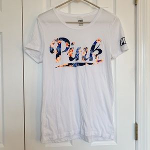 PINK Tee Shirt White With Floral Size S
